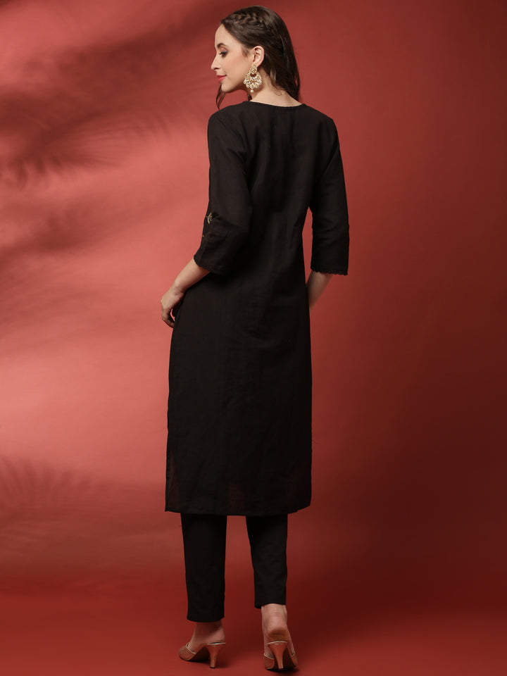 Black linen thread embroidery two piece suit set