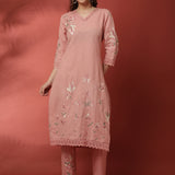 Light pink linen thread embroidery two piece suit set