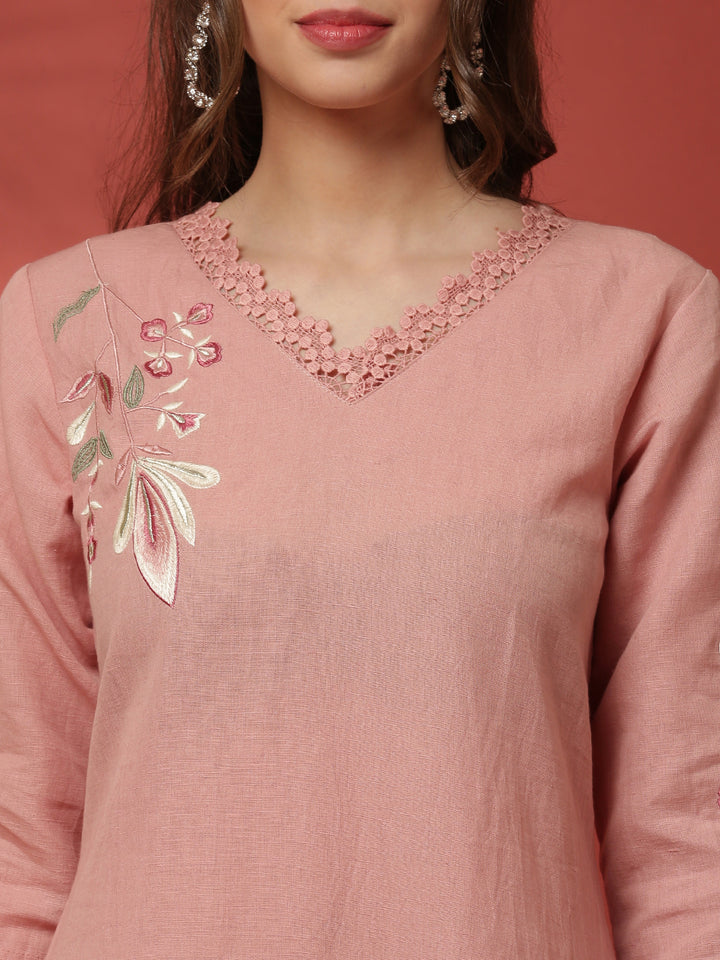 Light pink linen thread embroidery two piece suit set