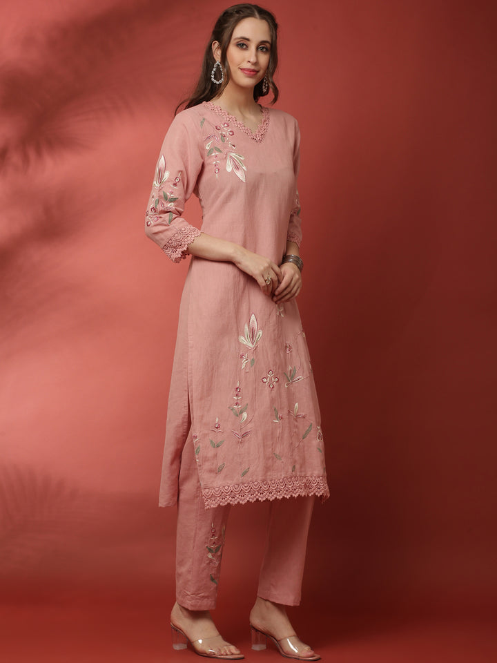 Light pink linen thread embroidery two piece suit set