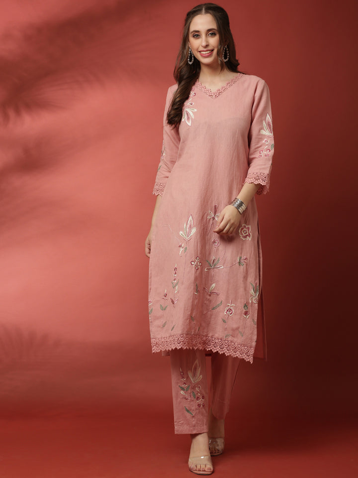 Light pink linen thread embroidery two piece suit set