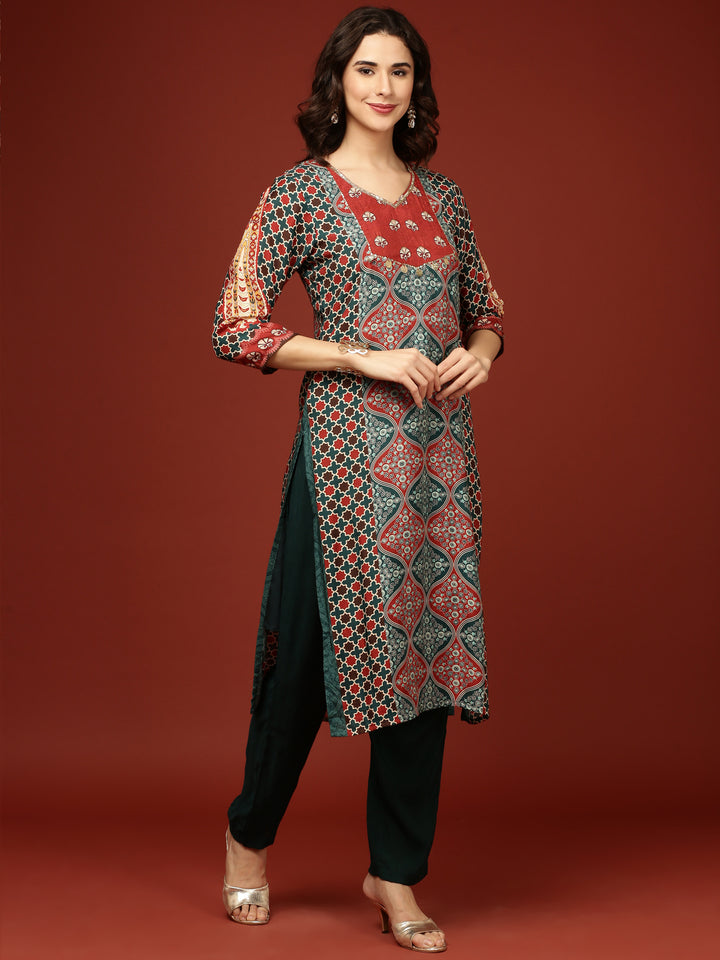 Teal Blue Crepe Printed Three Piece Set