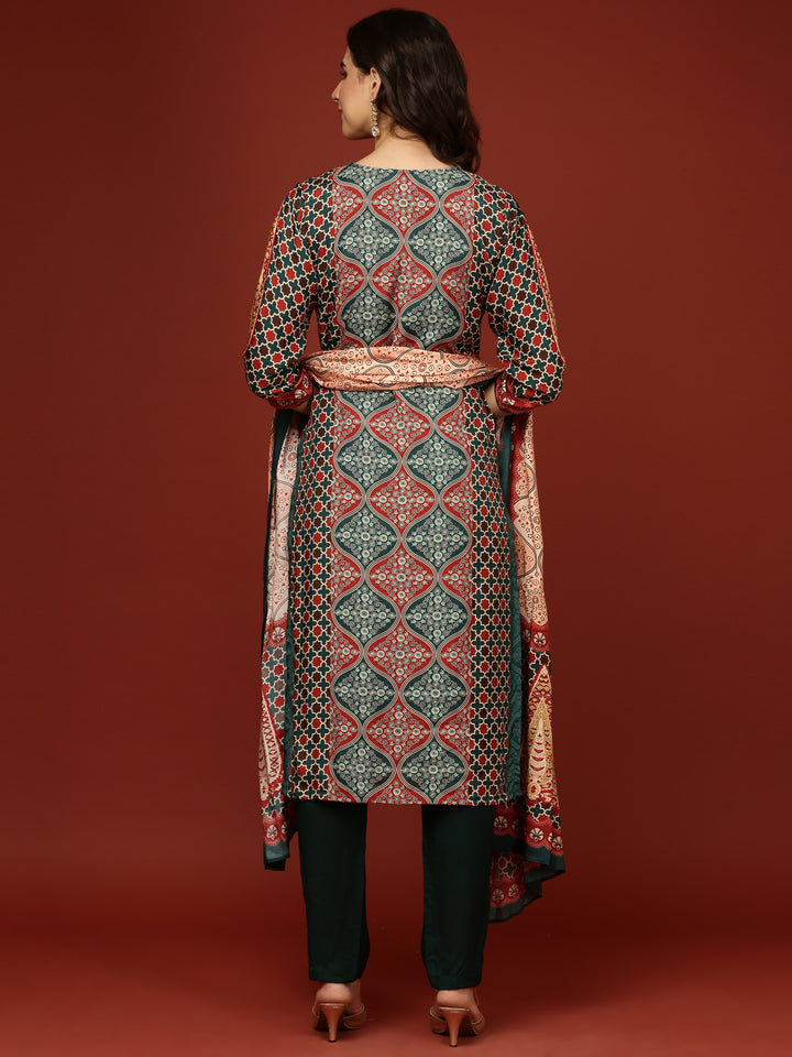 Teal Blue Crepe Printed Three Piece Set