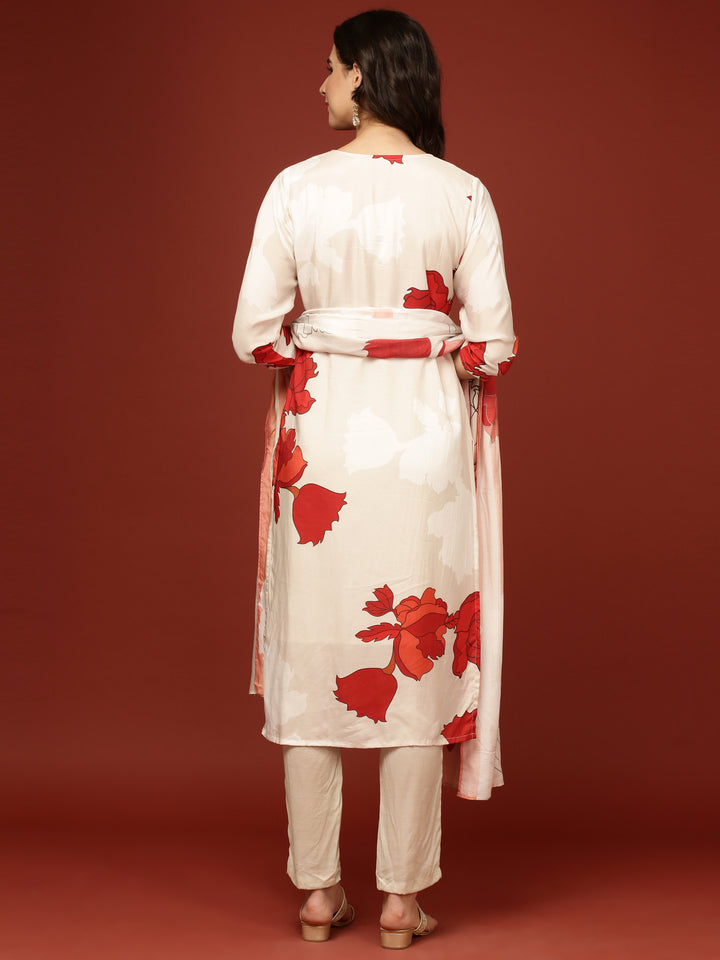 Cream Muslin Floral Printed Three Piece Set