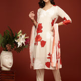 Cream Muslin Floral Printed Three Piece Set