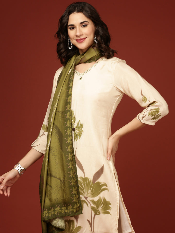 Cream Muslin Floral Printed Three Piece Set