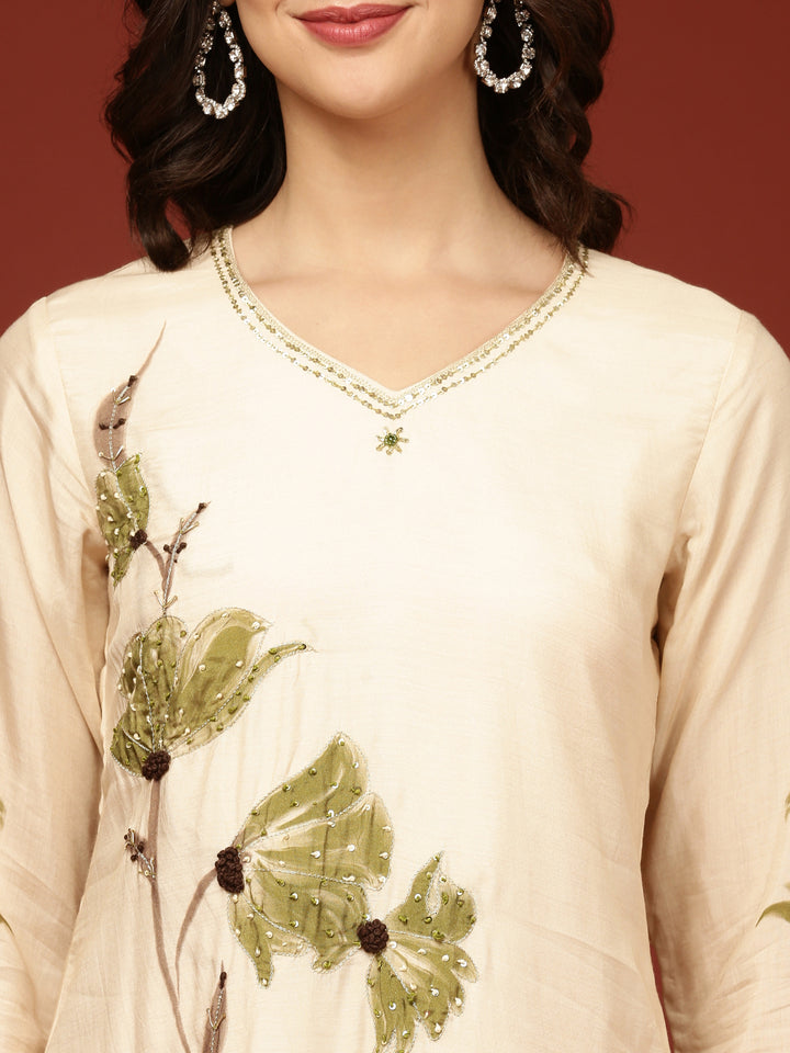 Cream Muslin Floral Printed Three Piece Set