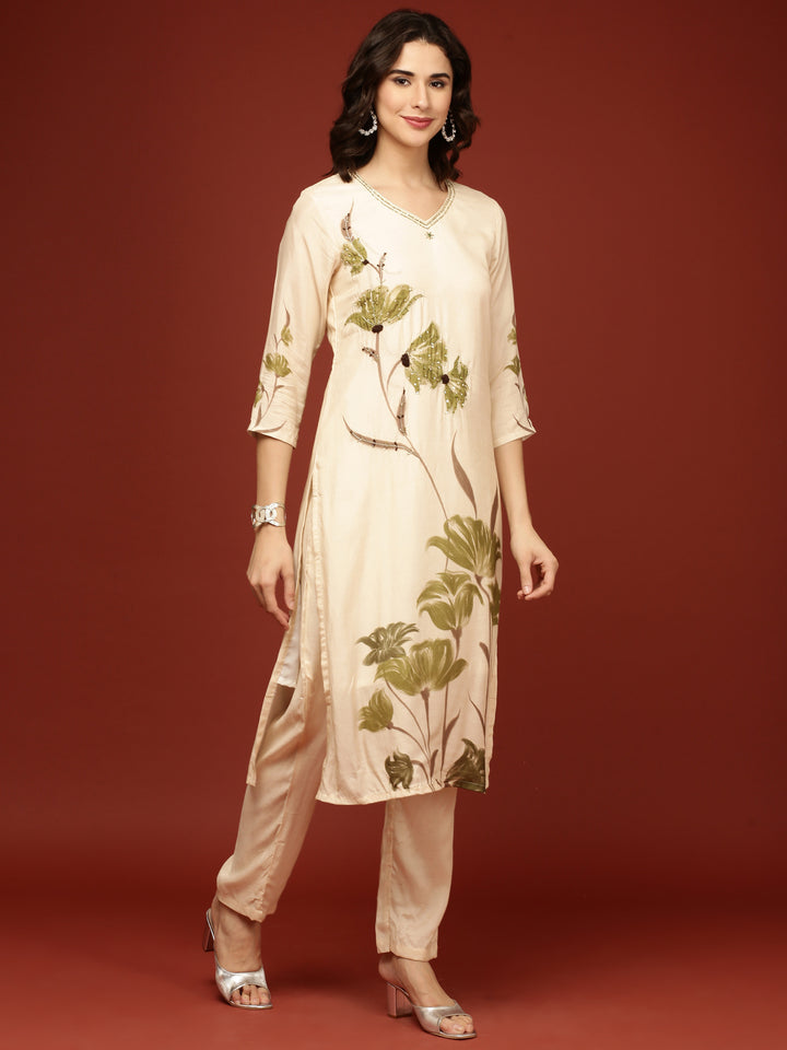 Cream Muslin Floral Printed Three Piece Set