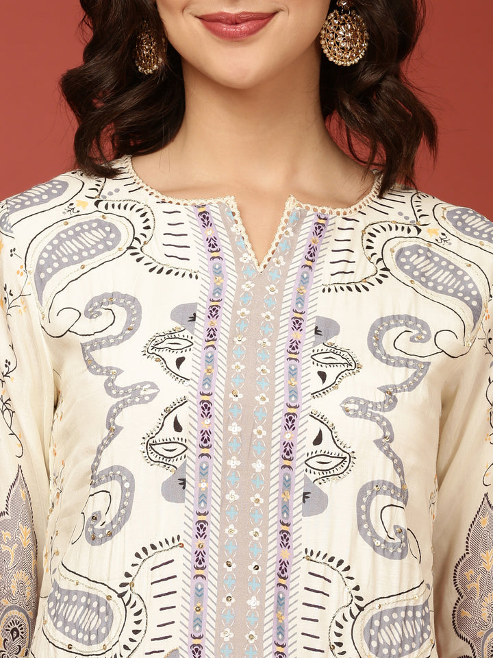 Cream Muslin Printed Two Piece Set