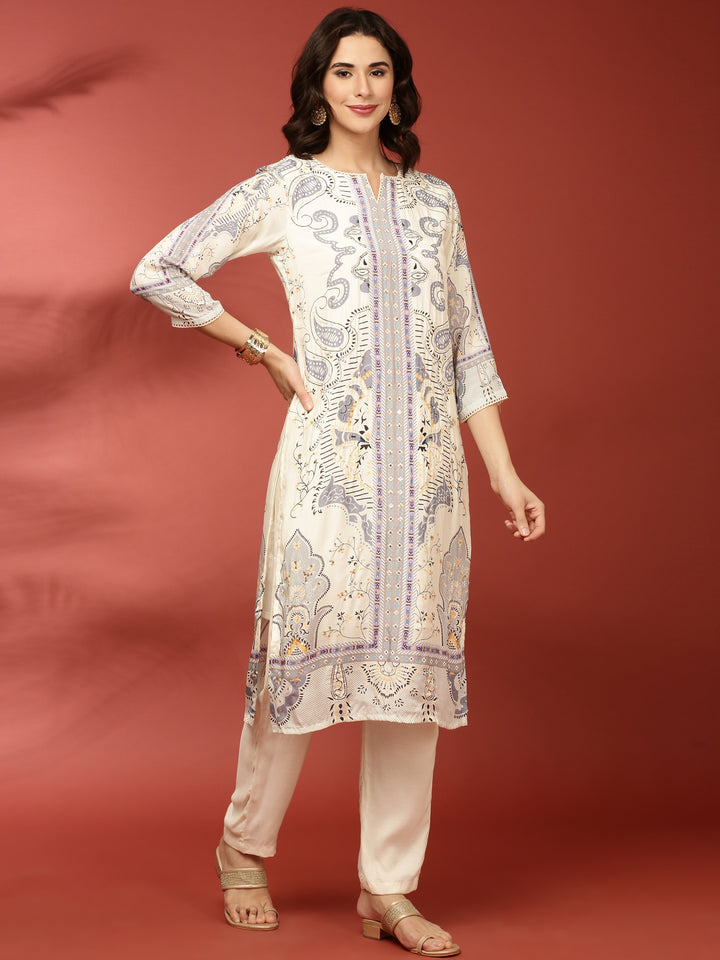 Cream Muslin Printed Two Piece Set