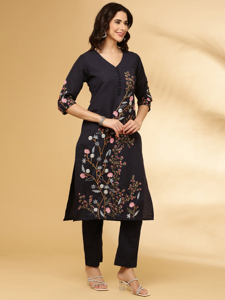 Navy Blue Linen Embroidered Two Piece Set