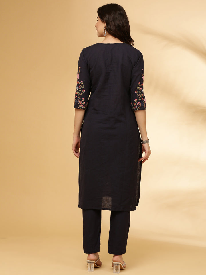 Navy Blue Linen Embroidered Two Piece Set