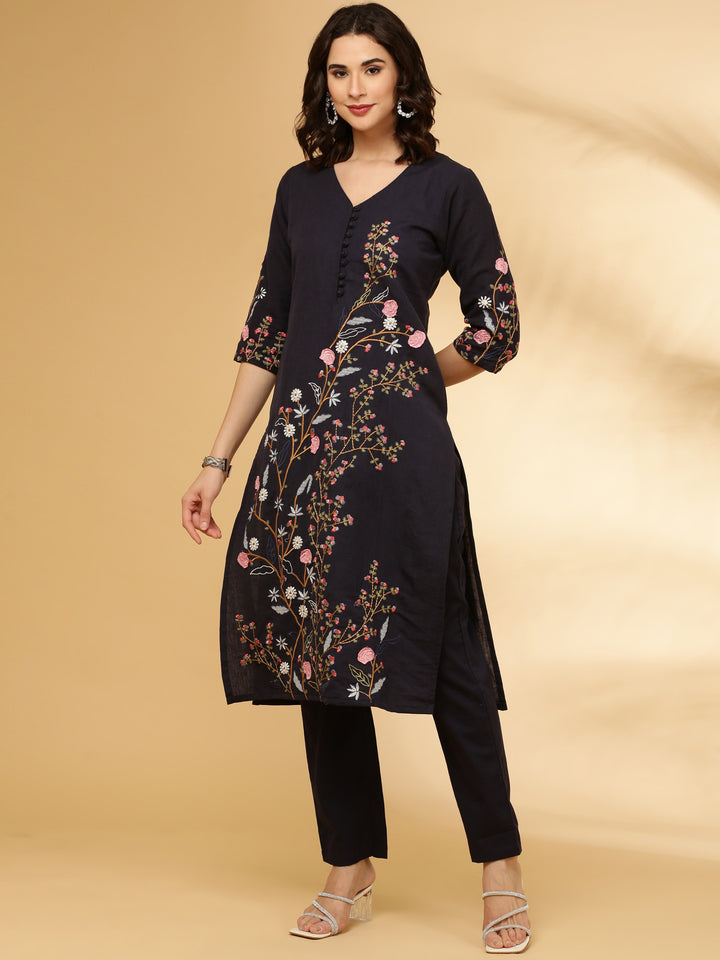 Navy Blue Linen Embroidered Two Piece Set