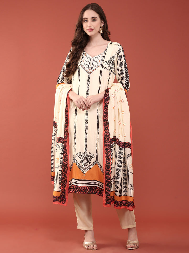 Cream Muslin Digital Print Three Piece Set