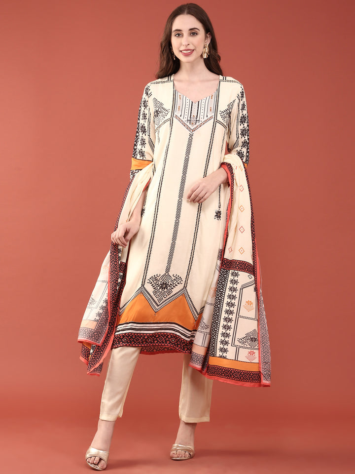 Cream Muslin Digital Print Three Piece Set