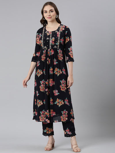 Neerus Navy Blue Pleated Curved Printed Kurta and Trousers