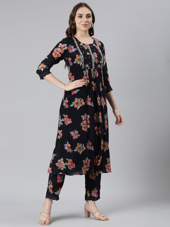 Neerus Blue printed pleated kurta set - back view