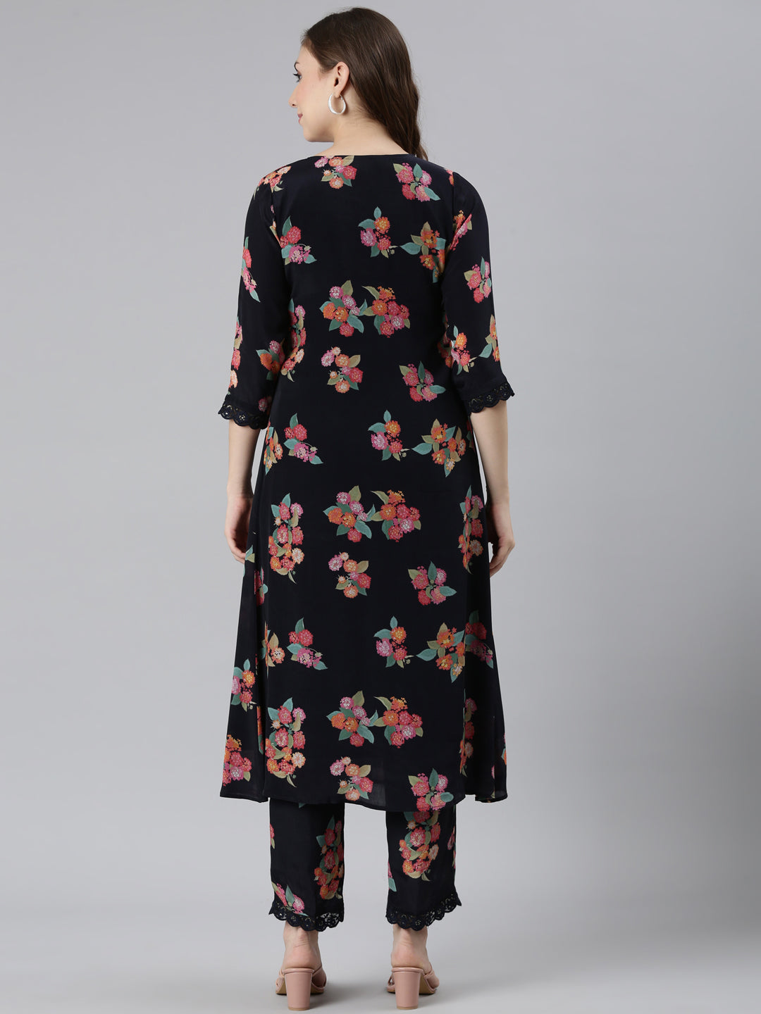 Neerus Blue printed pleated kurta set - side view