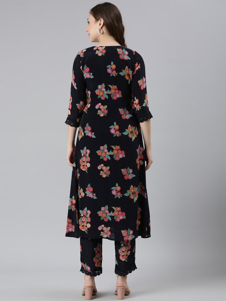 Neerus Blue printed pleated kurta set - side view