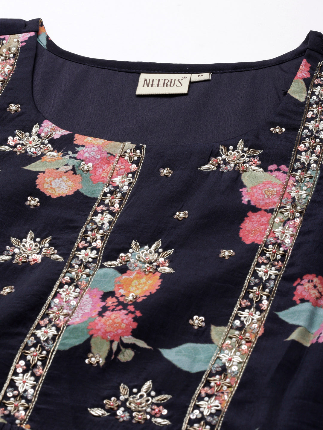 Neerus Blue printed pleated kurta set - detail view 1