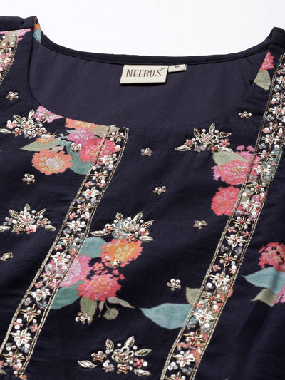 Neerus Navy Blue Pleated Curved Printed Kurta and Trousers