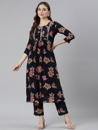 Neerus Navy Blue Pleated Curved Printed Kurta and Trousers