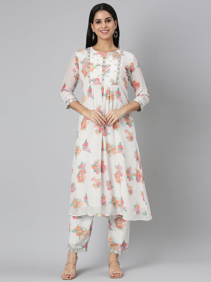 Neerus White satin printed kurta set with trouser and dupatta - front view