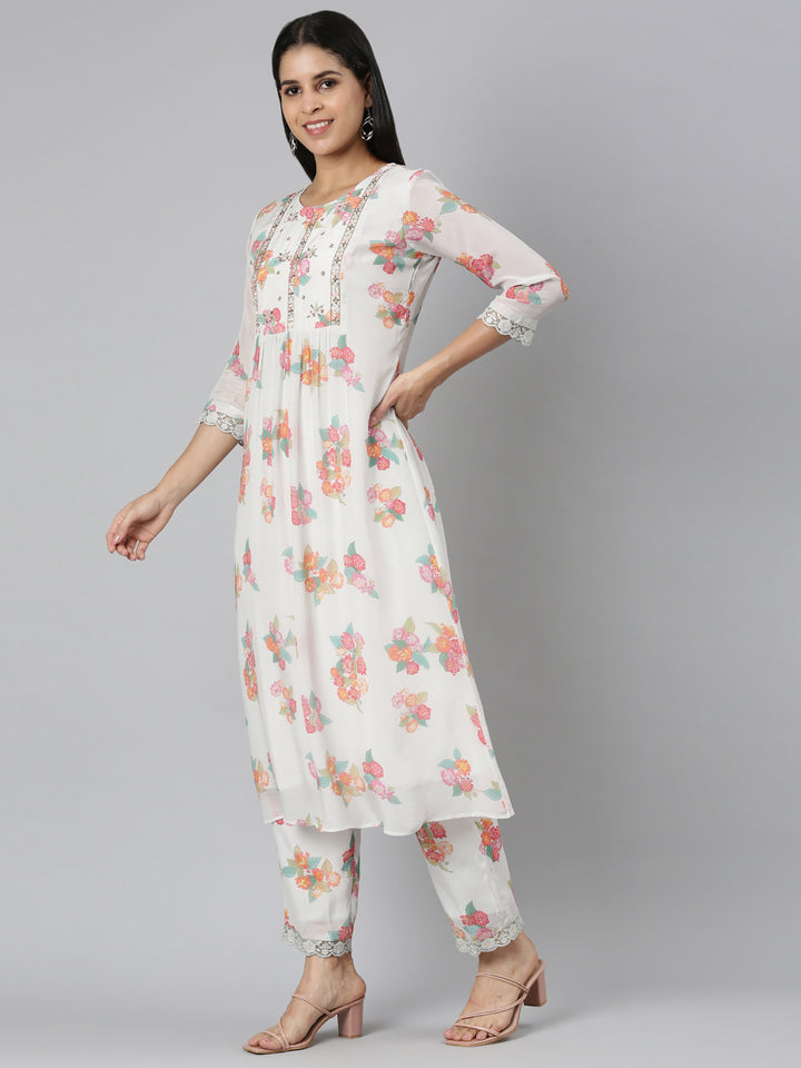 Neerus White satin printed kurta set with trouser and dupatta - back view