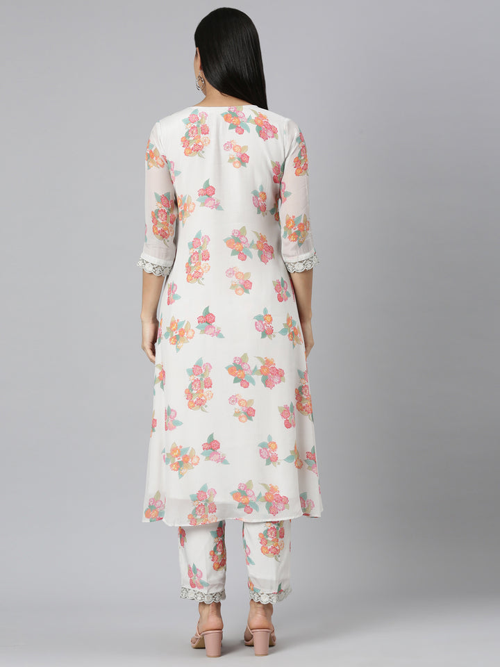 Neerus White satin printed kurta set with trouser and dupatta - side view