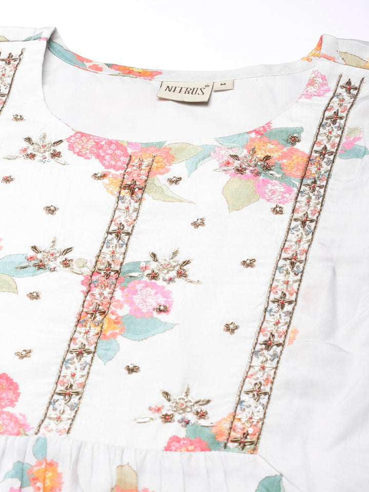 Neerus White satin printed kurta set with trouser and dupatta - detail view 1