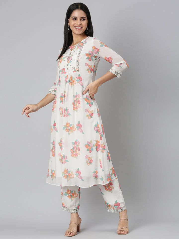 Neerus White satin printed kurta set with trouser and dupatta - detail view 2
