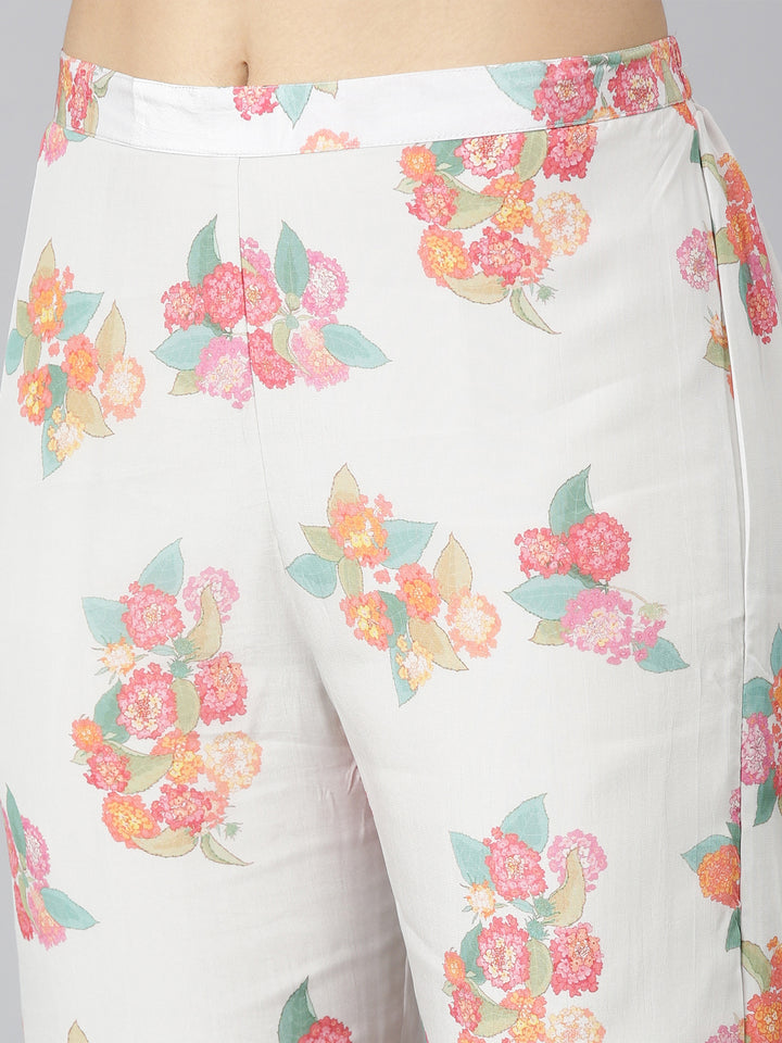 Neerus White satin printed kurta set with trouser and dupatta - detail view 3