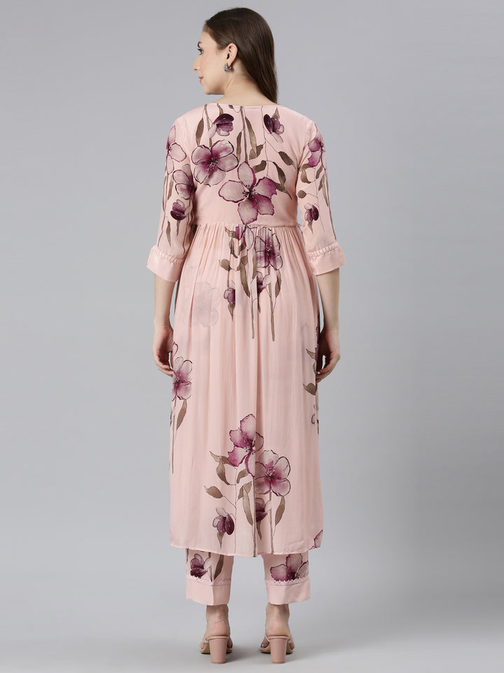 Neerus Pink Regular Stragiht Printed Kurta and Palazzos