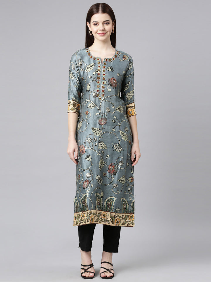 Neerus Grey Straight Casual Floral Straight Kurtas
