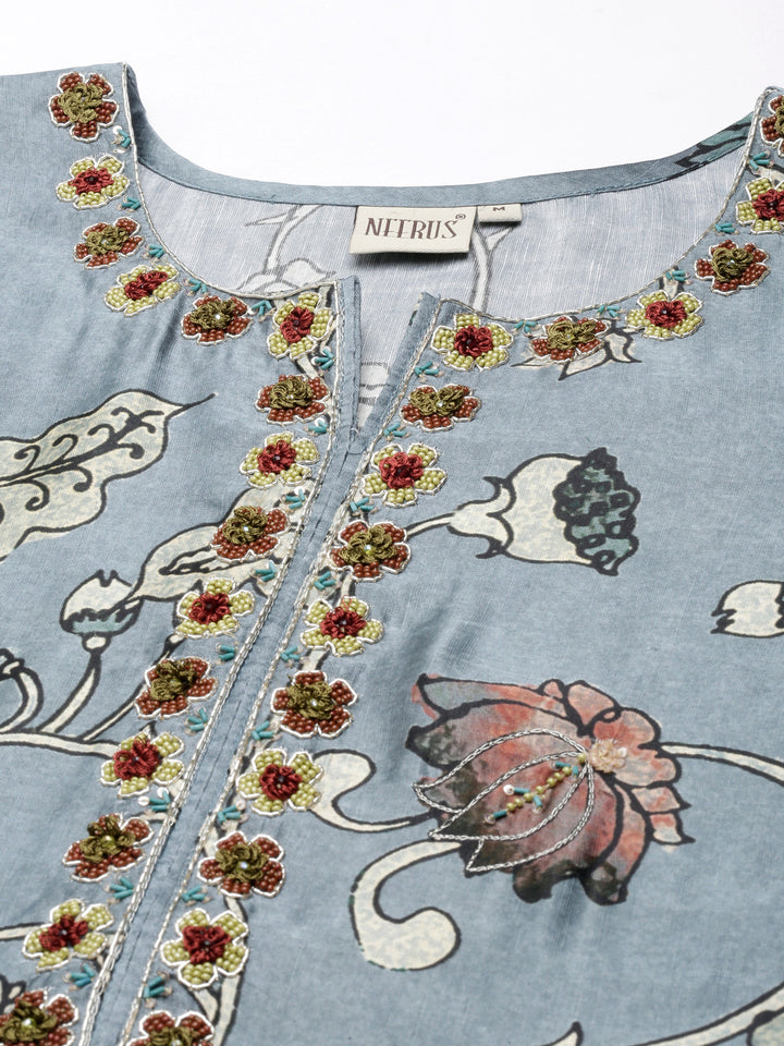 Neerus Grey Straight Casual Floral Straight Kurtas