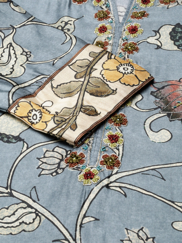 Neerus Grey Straight Casual Floral Straight Kurtas