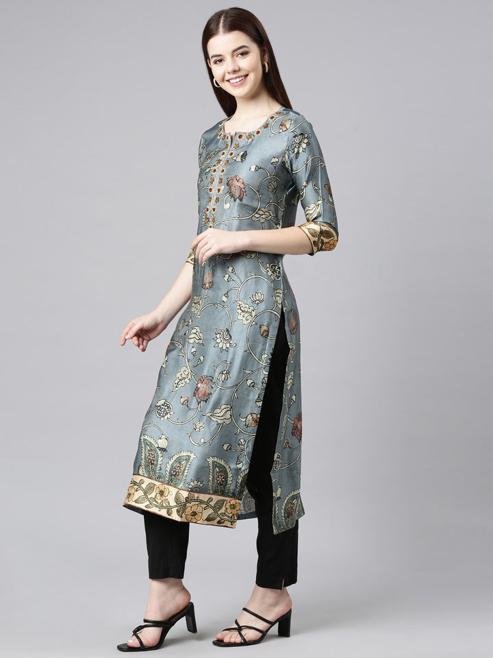 Neerus Grey Straight Casual Floral Straight Kurtas