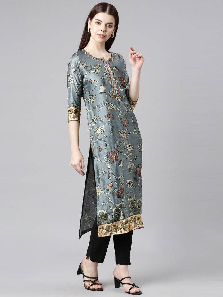 Neerus Grey Straight Casual Floral Straight Kurtas