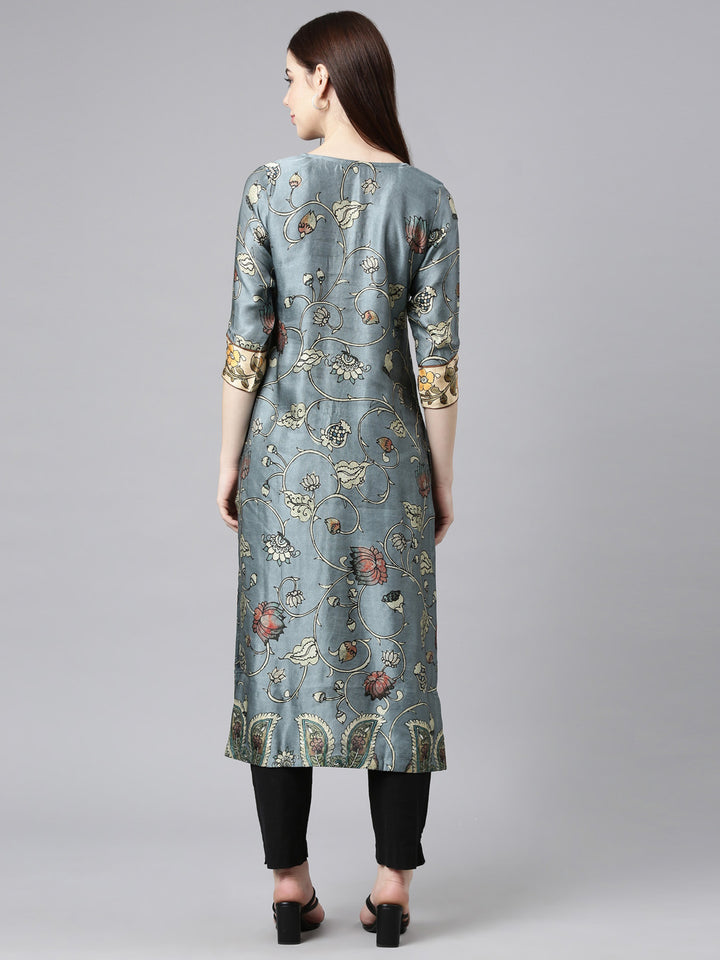 Neerus Grey Straight Casual Floral Straight Kurtas