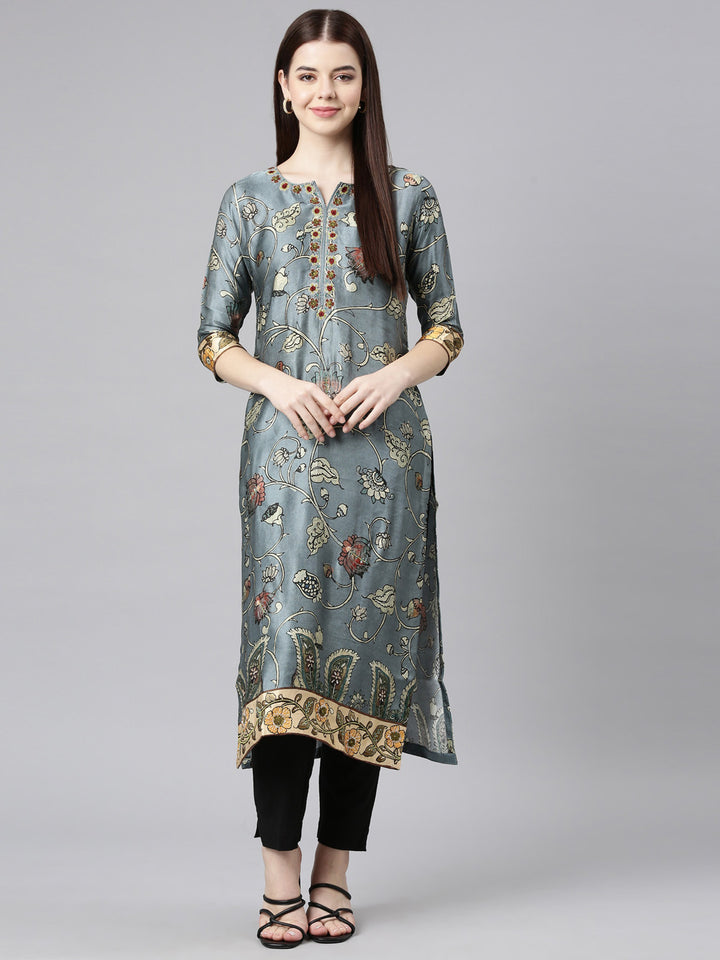 Neerus Grey Straight Casual Floral Straight Kurtas