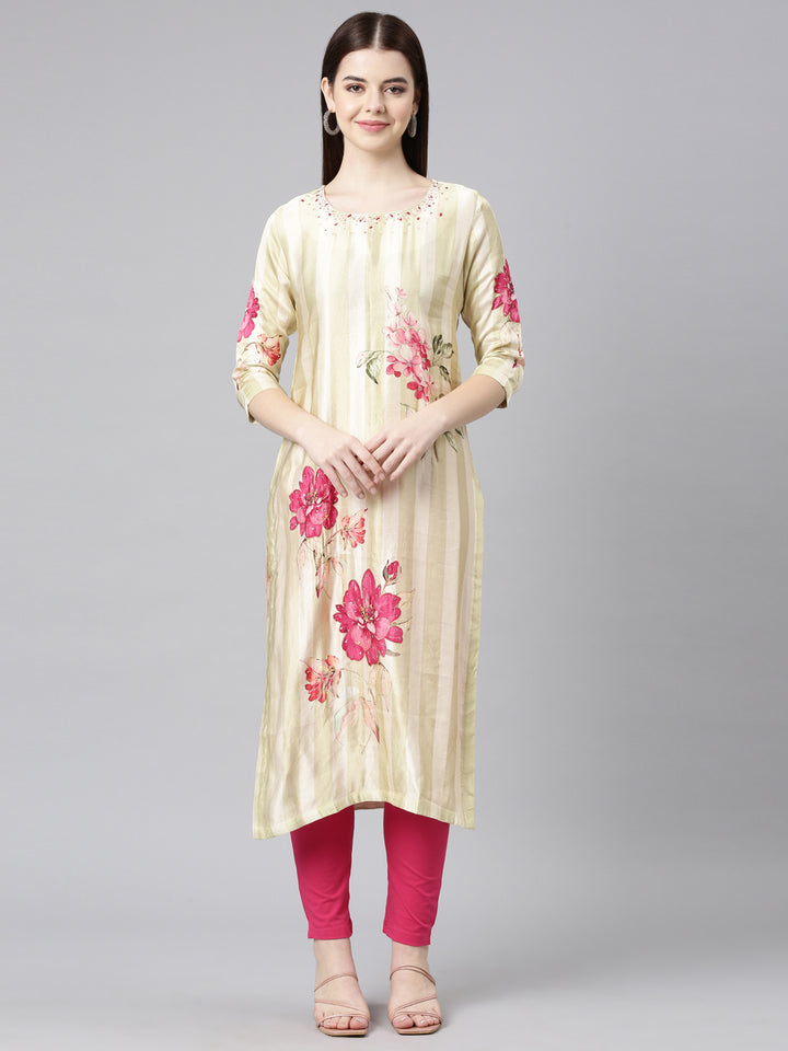 Neerus Green Straight Casual Floral Straight Kurtas