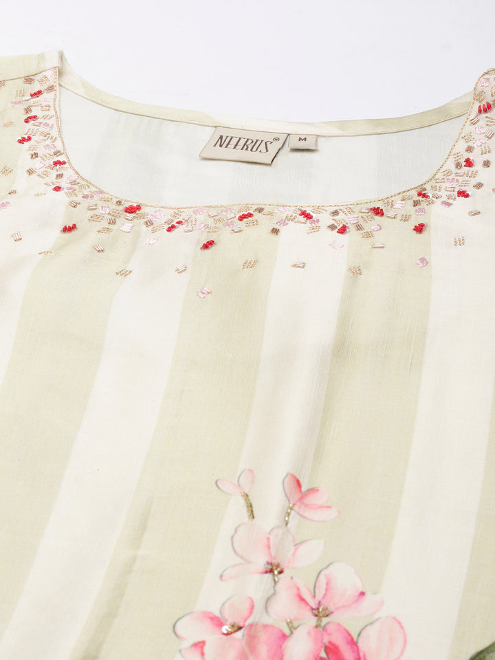 Neerus Green Straight Casual Floral Straight Kurtas