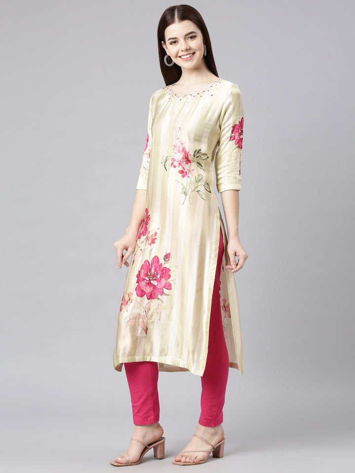 Neerus Green Straight Casual Floral Straight Kurtas
