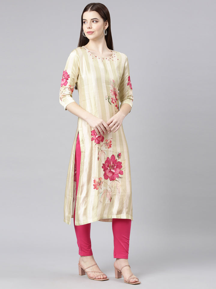 Neerus Green Straight Casual Floral Straight Kurtas