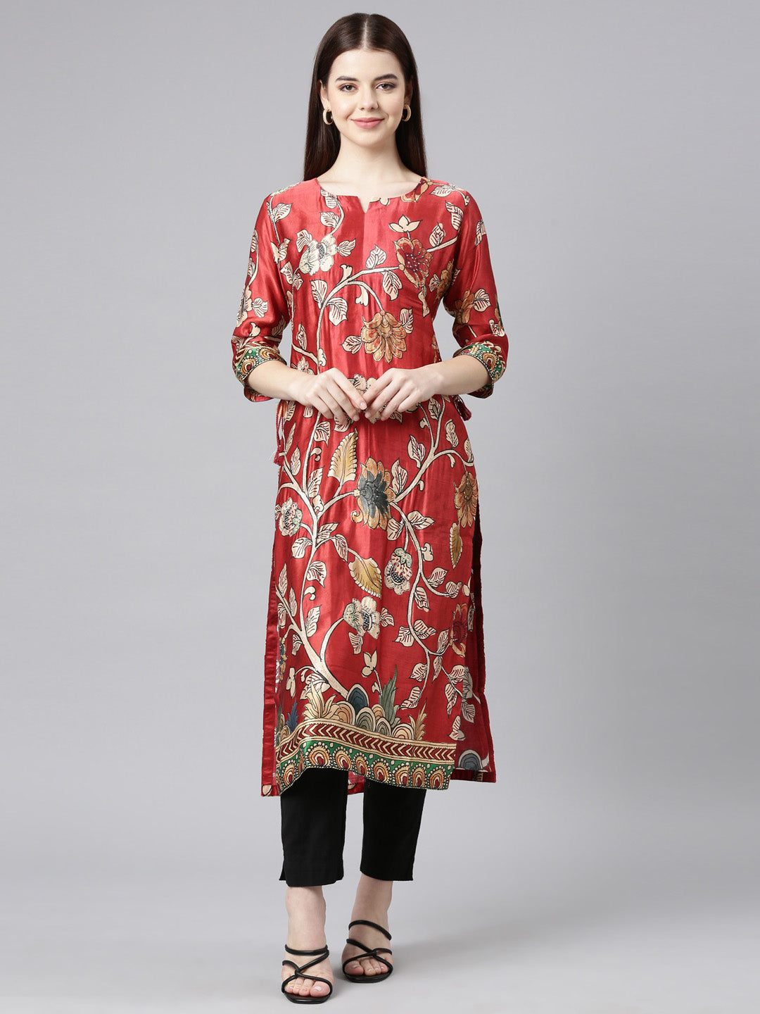 Neerus Orange Straight Casual Floral Straight Kurtas