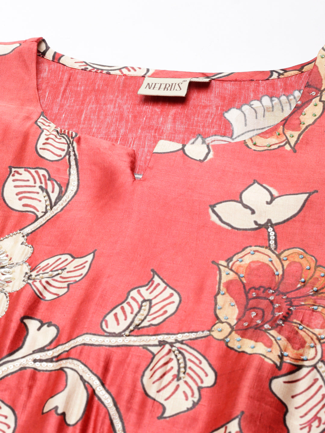 Neerus Orange Straight Casual Floral Straight Kurtas