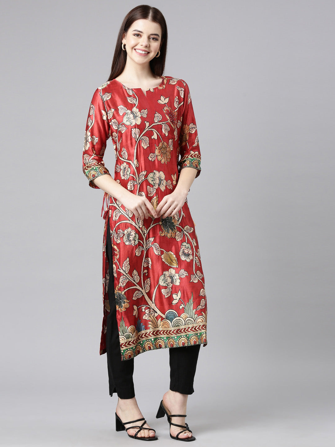 Neerus Orange Straight Casual Floral Straight Kurtas