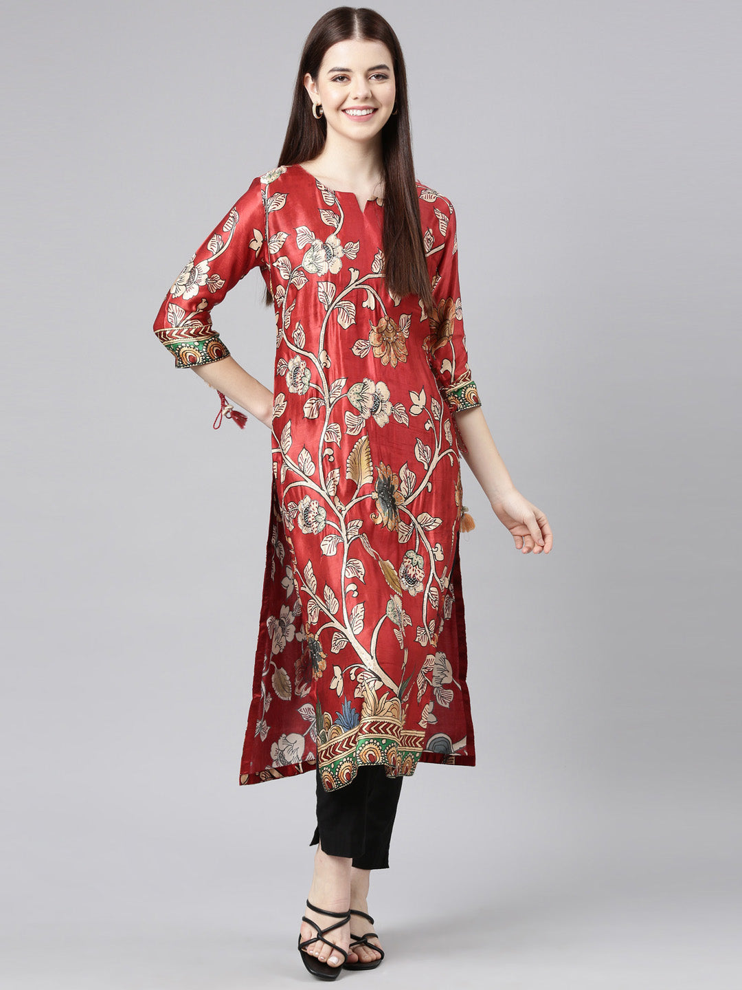 Neerus Orange Straight Casual Floral Straight Kurtas