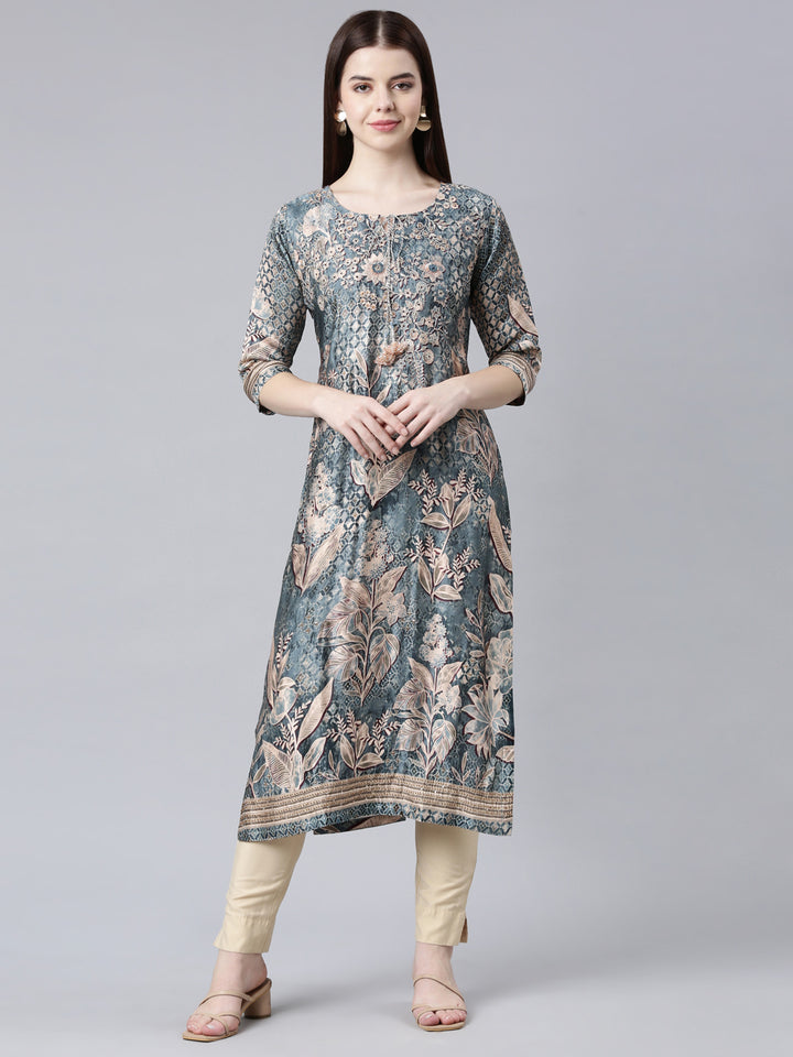 Neerus Green Straight Casual Floral Straight Kurtas
