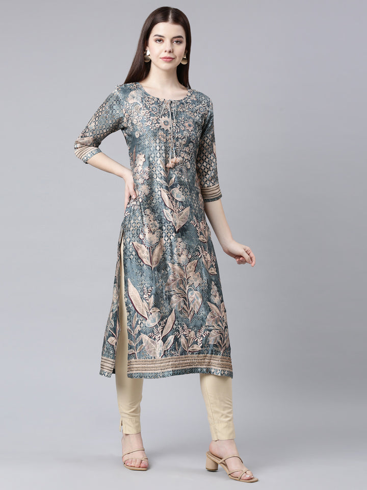 Neerus Green Straight Casual Floral Straight Kurtas